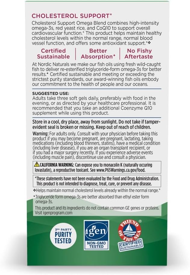 Nordic Naturals Cholesterol Omega LDL, Lemon - 60 Soft Gels - 975 Omega-3 + Red Yeast Rice & CoQ10 - Normal Cholesterol, Antioxidant Support - EPA & DHA - Non-GMO - 20 Servings