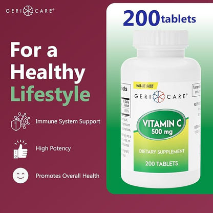 GeriCare Vitamin C 500 mg Antioxidant, Immune System Support, Nutritional Supplement Tablets, 200 Count (Pack of 1)