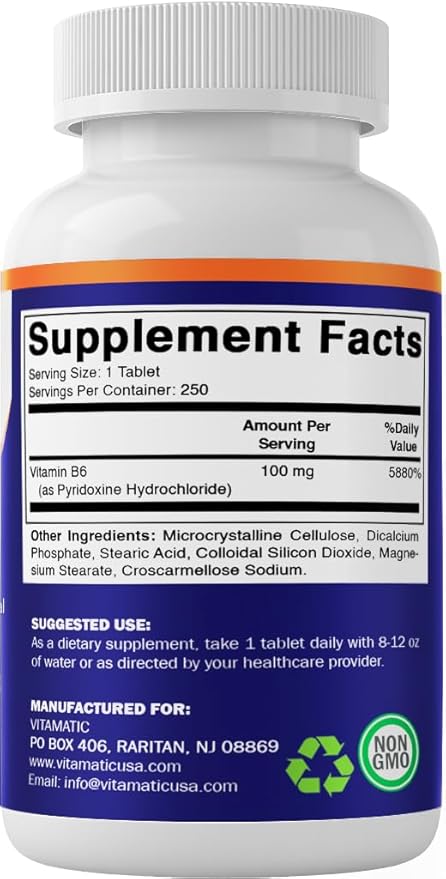 Vitamatic Vitamin B6 (Pyridoxine HCl) 100mg – 250 Vegetarian Tablets Promotes Energy Production, Boosts Metabolism & Supports Immune Health*