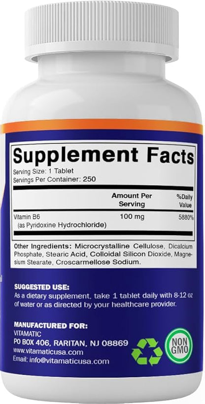 Vitamatic Vitamin B6 (Pyridoxine HCl) 100mg – 250 Vegetarian Tablets Promotes Energy Production, Boosts Metabolism & Supports Immune Health*