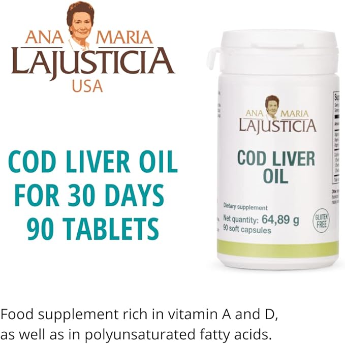 Ana Maria Lajusticia- COD Liver Oil - Rich in Omega-3 + Vitamins A, D & E. 30-Day Treatment Pack. Cardiovascular Health. Gluten Free.