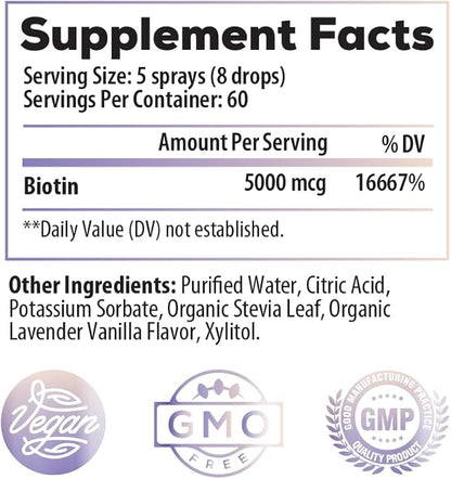 Ideal Infusion B-Bomb Lush Biotin Liquid Spray: Organic Lavender Vanilla - 5000mcg, Hair Growth Vitamin for Thickness and Volume - Skin Health, Stronger Nails, Keto, Vegan