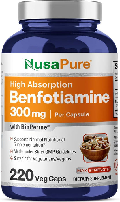 NusaPure Benfotiamine 300mg Per Veggie Caps 220 Count (Non-GMO, Vegan, Gluten-Free) Bioperine