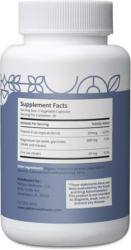 Pattern Wellness Magnesium Complex - Natural Sleep + Mood Support, Bone + Muscle Health, Overall Wellness - Added Zinc - 60 Vegan Capsules