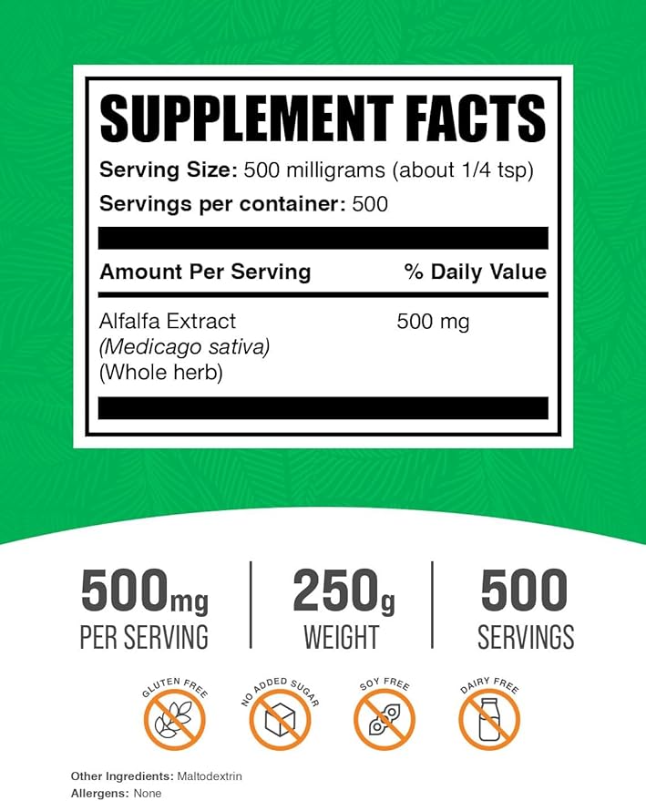 BulkSupplements.com Alfalfa Extract Powder - Alfalfa Supplement, Green Superfood Powder - Vegan & Gluten Free, Green Supplements - 500mg per Serving, 250g (8.8 oz) (Pack of 1)
