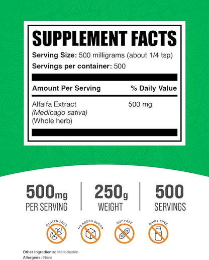 BulkSupplements.com Alfalfa Extract Powder - Alfalfa Supplement, Green Superfood Powder - Vegan & Gluten Free, Green Supplements - 500mg per Serving, 250g (8.8 oz) (Pack of 1)