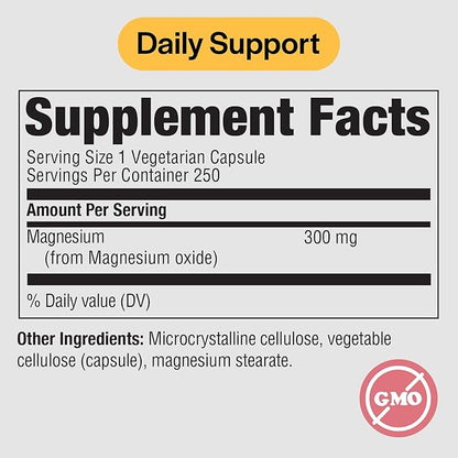 PureFormulas Magnesium Oxide 300 mg Supports Healthy Heart Function, Immune Support, Muscle Recovery, Leg Cramps, Relaxation, Non-GMO, 250 Vegetarian Capsules