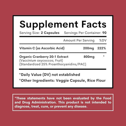 Cranberry Extract Pills Supplement 25% Proanthocyanidins with Vitamin C - Urinary Tract, Skin, Immune Support - 180 Veggie Capsules - Non-GMO, Gluten-Free, Vegan Friendly