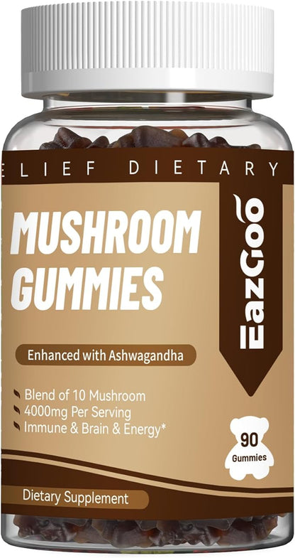 Mushroom Gummies Supplement - with Ashwagandha, Lions Mane, Shitake Mushrooms, Turkey Tail, Chaga, and Cordyceps Mushroom for Immune Health, Mood & Stress Support (180 Gummies)