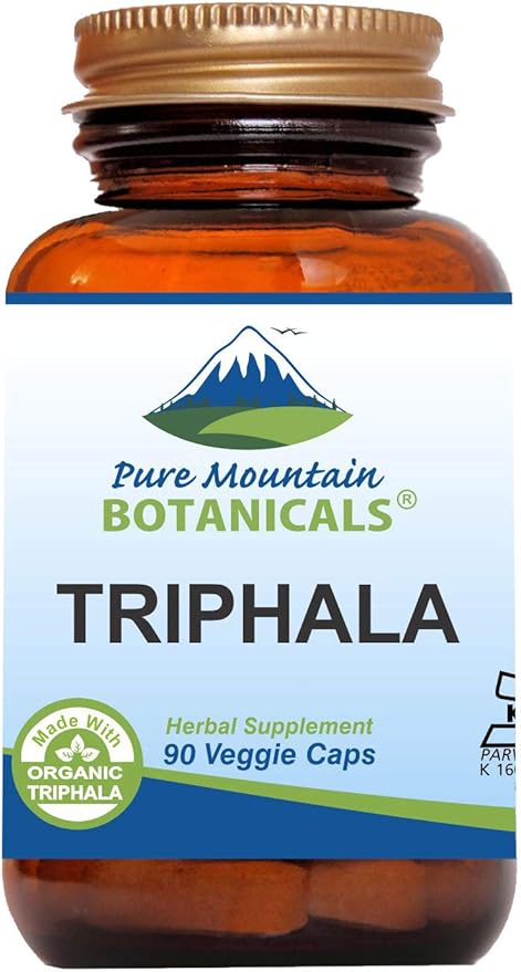 Pure Mountain Botanicals Triphala Capsules 90 Kosher Vegan Caps Now with 500mg Organic Blend of Amla Indian Fruit