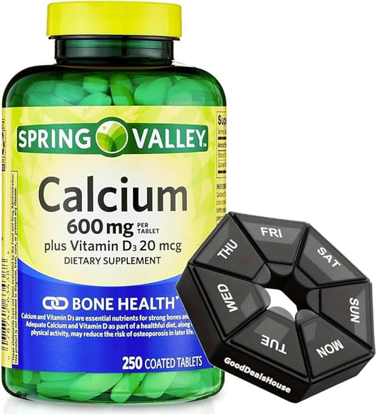 Spring - Valley Calcium 600 mg + Vitamin D3 20 mcg - 250 Count with Weekly Pill Organizer GoodDealsHouse - Bone Health Dietary Supplement Tablets