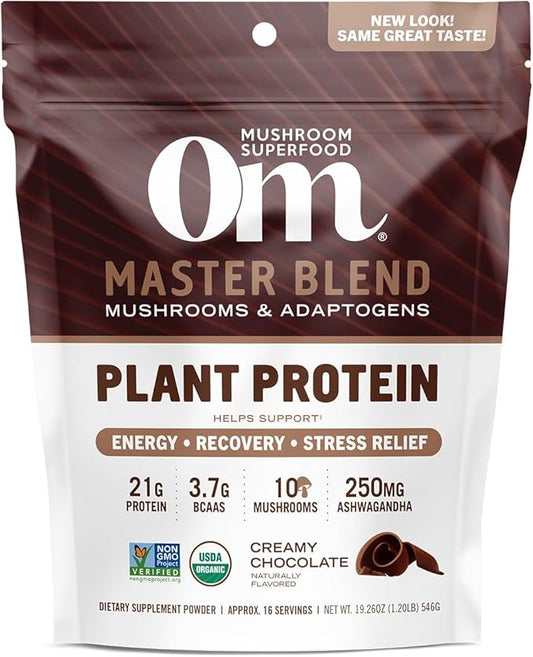 OM MUSHROOM SUPERFOOD Master Blend Creamy Chocolate Protein Powder, 16 Servings, Plant-Based with 10 Mushroom Complex for Recovery & Energy
