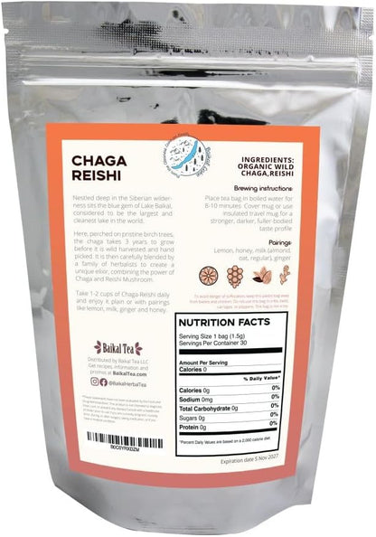 Chaga Reishi Tea Wild Chaga Tea with Reishi - 30 Unbleached Tea Bags - Ganoderma Lingzhi Mushroom Supplement Tea with Wild Chaga