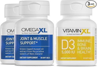 OmegaXL Joint Support Supplement - Natural Muscle/Immune Support, 60 Softgels (2 Pack) & VitaminXL D3 High Potency Daily Vitamin D 5000 IU 125mcg Supplement (30 Softgels)