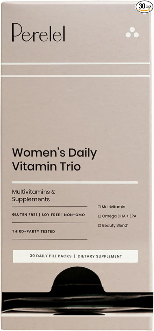 Perelel Women's Daily Vitamin Trio - Women's Vitamins and Supplements for Immune Support, Mood, Reproductive + Brain Health* - Soy, Dairy and Gluten Free Non-GMO Formula (30 Daily Pill Packs)
