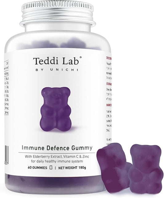 Unichi Immune Defence Gummy, with Elderberry Extract, Vitamin C, Zinc to Promote Immune System Health, Defend Cold & Flu Symptoms, Berry Flavour, 60 Count