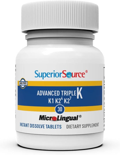 Superior Source Triple K, 3-in-1 Formula, MK-4 500 mcg, MK-7 50 mcg, K1 500 mcg, Quick Dissolve Sublingual Tablets, 30 Count, Healthy Bones and Arteries, Immune & Cardiovascular Support, Non-GMO