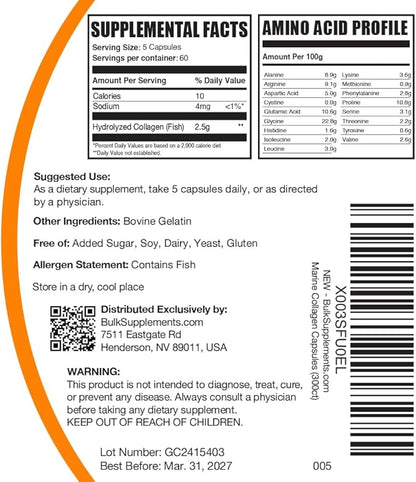 BulkSupplements.com Marine Collagen Capsules - Fish Collagen Supplement, Collagen for Women & Men - Hydrolyzed Collagen, Gluten Free, 5 Capsules per Serving, 300 Capsules (Pack of 1)