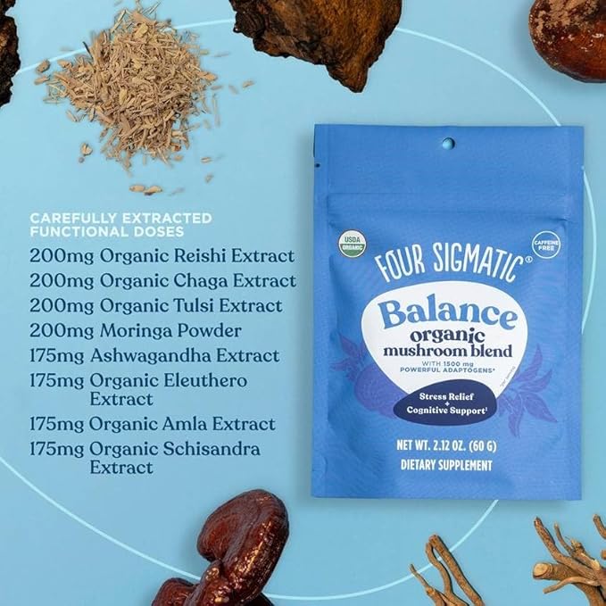Four Sigmatic Adaptogen and Mushroom Blend Balance Mix | Adaptogen Supplement with Ashwagandha, Moringa, Holy Basil, Reishi, Chaga and More | Natural Stress Relief and Immune Support Supplement