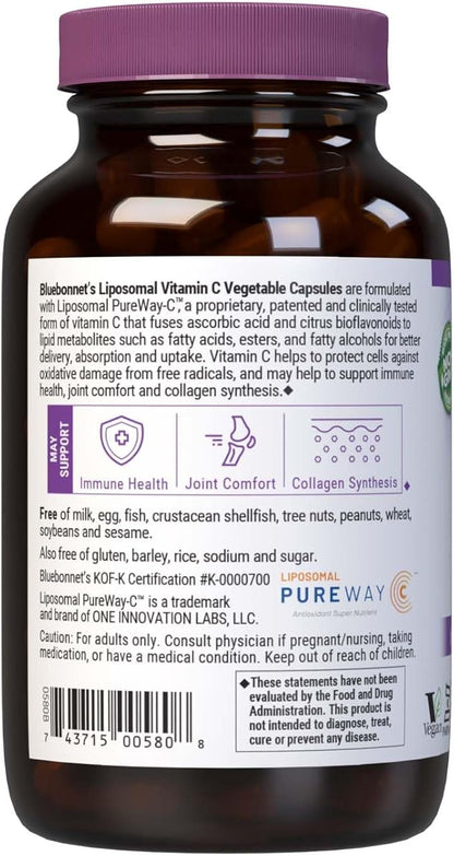 BlueBonnet Nutrition Liposomal Vitamin C, Immune Health*, Joint Health*, Collagen Synthesis*, Vegan, Kosher, Non-GMO, Gluten-Free, Soy-Free Milk-Free, 90 Vegetable Capsules, 45 Servings