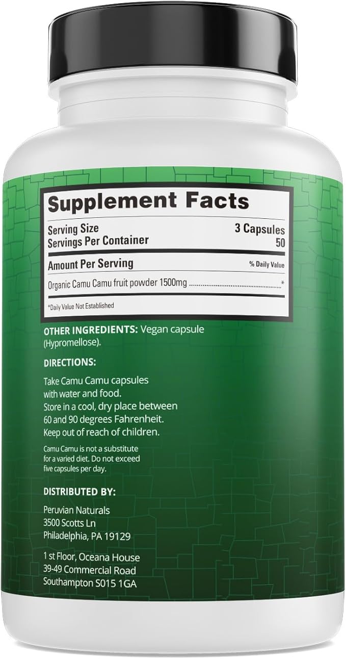 Peruvian Naturals Organic Vitamin C from Camu Camu Capsules 1,500mg per Serving - 150 Vegan Pills, Natural Whole Food VIT C, from Raw Berry Organic, Non-GMO Supplement