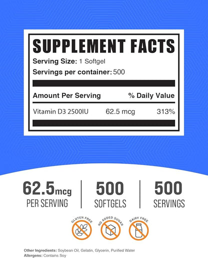 BulkSupplements.com Vitamin D3 2500IU Softgels - Cholecalciferol, D3 Supplement, Vitamin D 2500 IU - 1 Vitamin D3 Softgel (62.5mcg of Vitamin D) per Serving, 500 Count (Pack of 1)