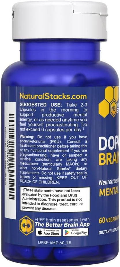 NATURAL STACKS Dopamine Brain Food - 650mg L-Tyrosine Supplement - Dopamine Supplement for Focus & Mental Drive - Supports Mental Energy - Neurotransmitter Support with B Vitamins - 120 Capsules