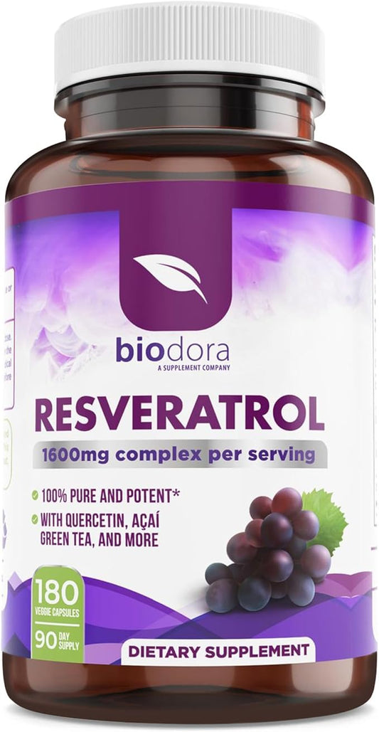 Resveratrol 1600mg, Trans-Resveratrol Antioxidant Supplement with Green Tea, Grape Seed Extract and Quercetin, Helps to Support Digestive Health and Immune System, 180 Capsules