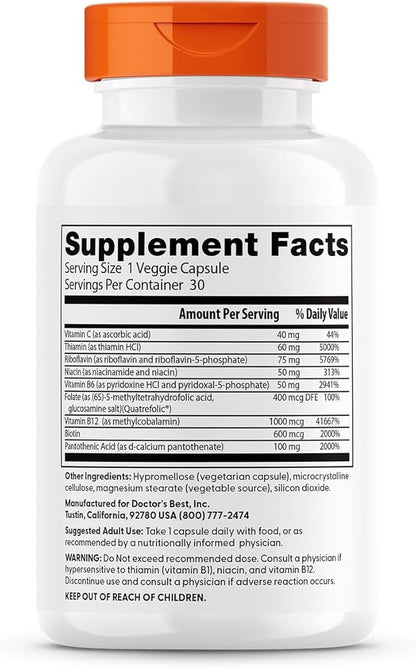 Doctors Best Fully Active B Complex, Energy & Cellular Support, Non-GMO, Gluten Free, Soy Free, Vegan 30 Veggie Caps