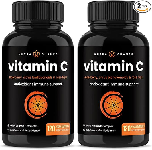 NutraChamps (2 Pack) Vitamin C 1000mg with Elderberry, Citrus Bioflavonoids & Rose HIPS - 120 Capsules Vegan, Non-GMO Antioxidant Supplement for Immune Health & Collagen Production 500mg Powder Pills