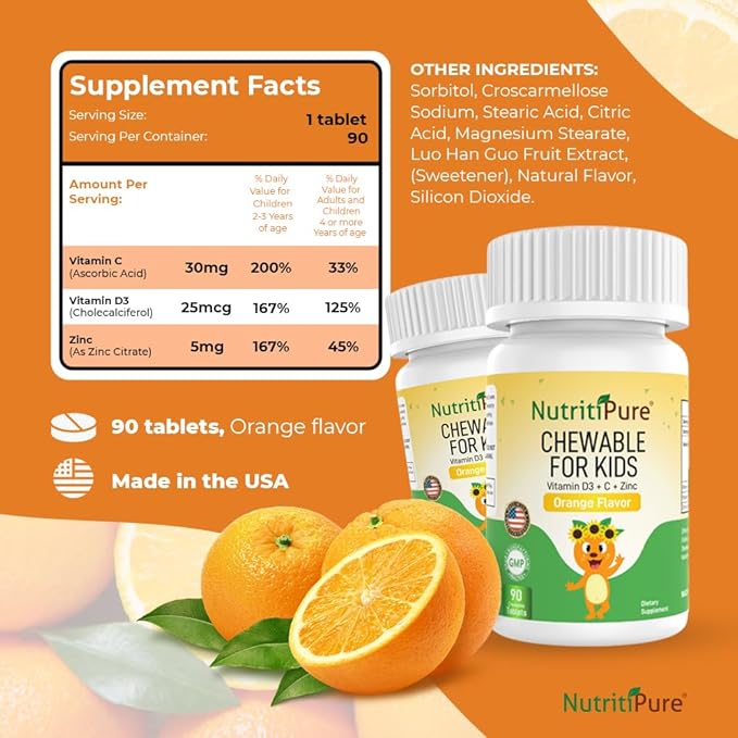 Chewable Vitamin D3 (Cholecalciferol) 25 mcg (1000 IU) + Zinc (Zinc Citrate) 5mg + Vitamin C 30mg for Kids Orange Flavor 90/Bottle (1)
