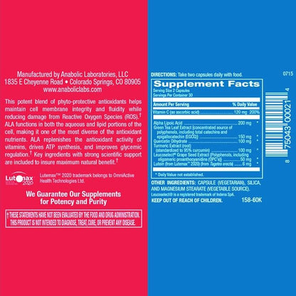Natural Antioxidant Complex Supplement - 60 Vegetarian Capsules for Cell Health - Alpha Lipoic Acid, Green Tea Leaf Extract, Quercetin, Turmeric, Vitamin C Supplement