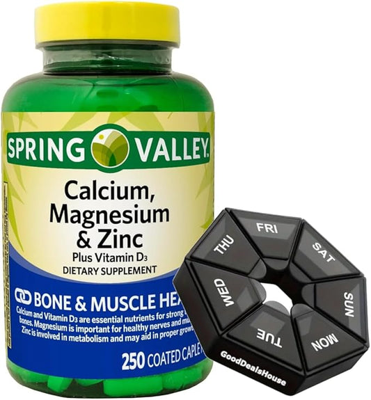 Bundle: Spring - Valley Calcium, Magnesium & Zinc Plus Vitamin D3 Coated Caplets, 250 Count + GoodDealsHouse Weekly Pillbox