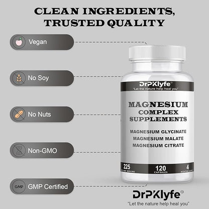 Board Certified Internist's Recommendation: Magnesium Complex Capsule| Glycinate |Malate|Citrate for Optimal Health|225mg, 4 Months Supply for Heart, Muscle & Bone Health - DrPKLyfe