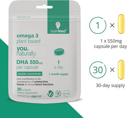 DHA Supplements (30) | Double Concentrate Omega 3 DHA 550mg PER Capsule - 1 a Day| Brain & Eye Health | Vegan DHA - Omega 3 Algae Oil | Sustainable DHA Capsules