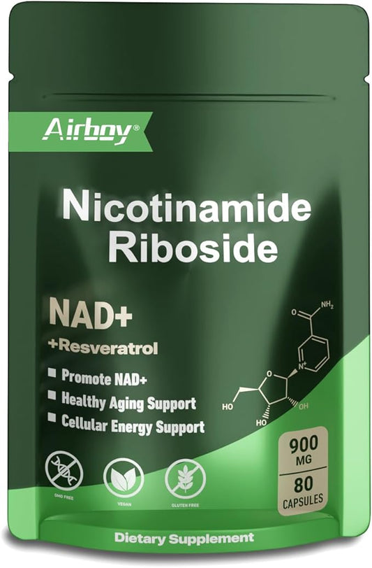 Airboy NAD Supplement with Nicotinamide Riboside Resveratrol & Quercetin 900 mg, NMN Alternative for Men and Women Support Anti-Aging, Energy, Focus - 80 Capsules