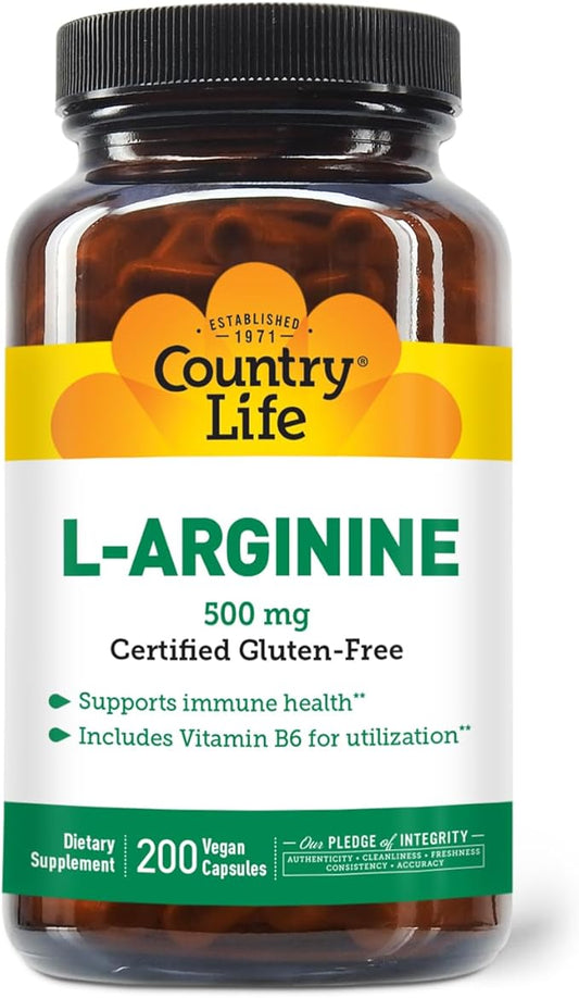 Country Life L-Arginine Caps with Vitamin B-6, 500mg, 200 Vegan Capsules, Certified Gluten Free, Certified Vegan