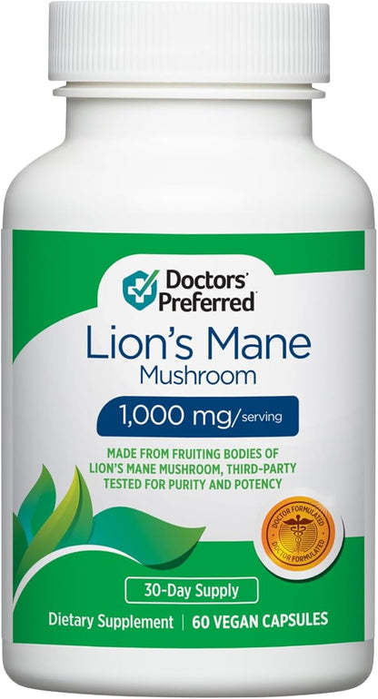 DOCTORS' PREFERRED Lions Mane Mushroom Supplement - 1,000 mg/Serving, 60 Vegan Capsules for Brain Health and Overall Daily Wellness. (30-Day Supply)