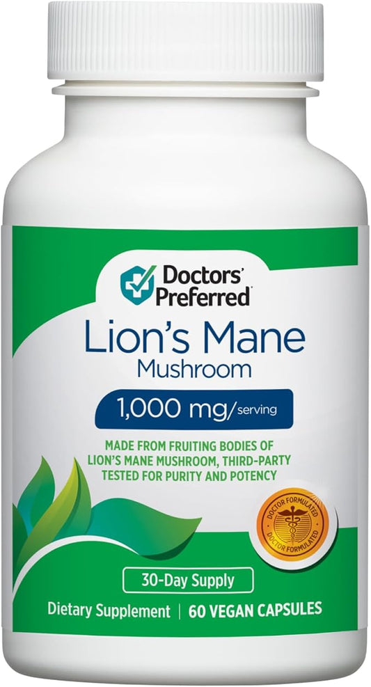 DOCTORS' PREFERRED Lions Mane Mushroom Supplement - 1,000 mg/Serving, 60 Vegan Capsules for Brain Health and Overall Daily Wellness. (30-Day Supply)