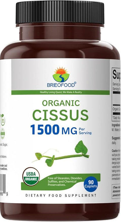 Brieofood Organic Cissus Quadrangularis 1500mg, 45 Servings, Vegetarian, Gluten Free, 90 Vegetarian Tablets