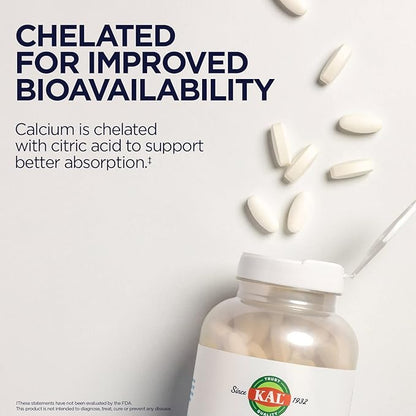KAL Calcium Citrate 1000mg, Calcium Supplements for Women and Men, Bone Health, Teeth, Nervous, Muscular & Cardiovascular System Support, Gluten Free and Lab Verified, 60 Servings, 180 Tablets
