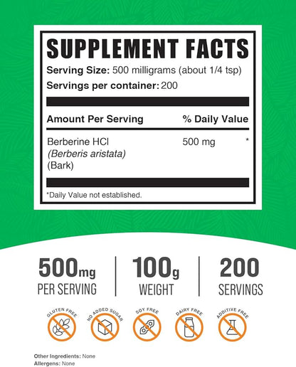 BulkSupplements.com Berberine HCl Powder - Berberine Supplement, Berberine 500mg, Berberine Powder - Gluten Free, 500mg per Serving, 100g (3.5 oz) (Pack of 1)