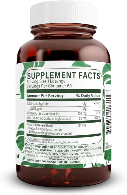 Natural Nutra Zinc Lozenges with Vitamin C, Lemon Flavor, Support Immune, Nervous System & Bone Strength, Fortified with Bioflavonoids and Bee Propolis, Sublingual Zinc Gluconate, 60 Vegetarian