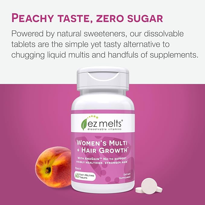EZ Melts Dissolvable Women’s Multivitamin + Hair Growth with Biotin, Bamboo Extract & Clinically Studied AnaGain™ Nu, Supports Visibly Healthier, Stronger Hair, Sugar-Free Peach Flavor, 1-Month