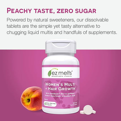 EZ Melts Dissolvable Women’s Multivitamin + Hair Growth with Biotin, Bamboo Extract & Clinically Studied AnaGain™ Nu, Supports Visibly Healthier, Stronger Hair, Sugar-Free Peach Flavor, 1-Month
