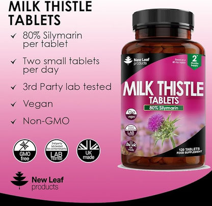 New Leaf Products Milk Thistle 1000mg Tablets (4 Month Supply) High Strength 2000mg 80% Silymarin, Vegan Tablets, GMO-Free, Gluten-Free 120 Tablets
