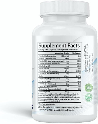 Vision Support Supplements with Lutein, Zeaxanthin, Bilberry Extract - Eye Care Health Vitamin for Eye Strain, Dry Eyes, Screen Blue Light - Ideal for Adults, Elderly - Made in USA, 60 Veggie Capsules