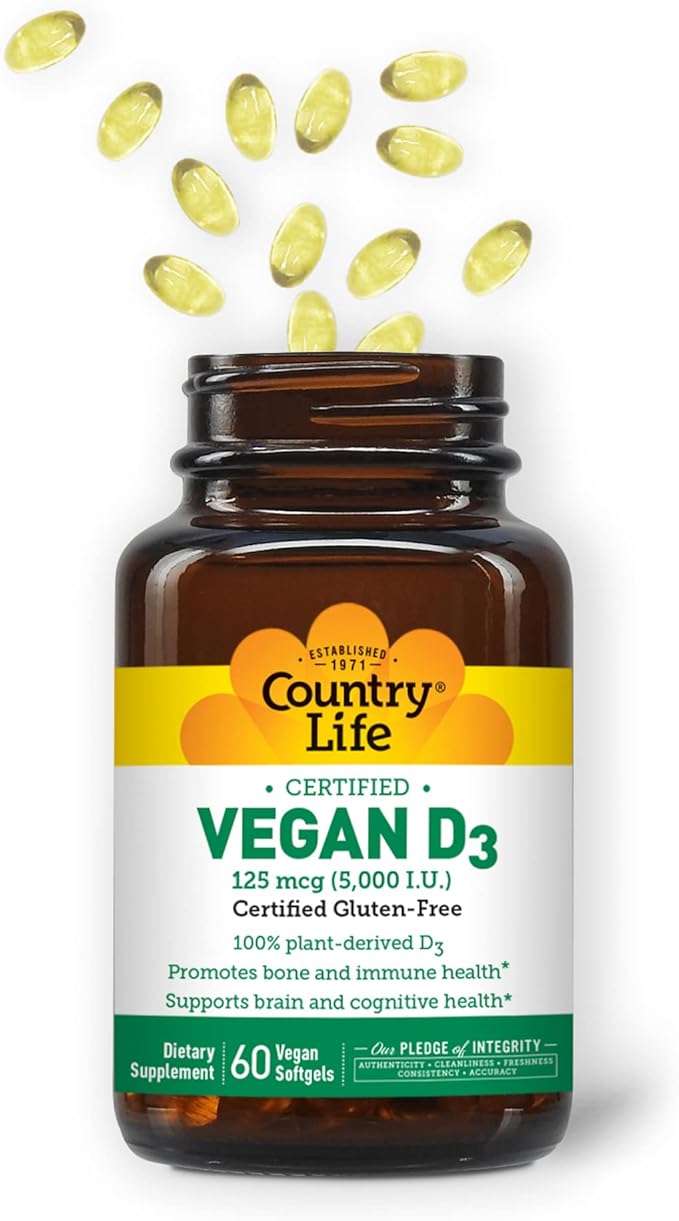 Country Life Vegan D3 5000 IU, 60 Softgels, Certified Gluten Free, Certified Vegan