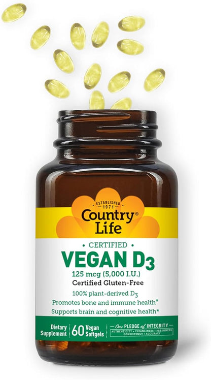 Country Life Vegan D3 5000 IU, 60 Softgels, Certified Gluten Free, Certified Vegan