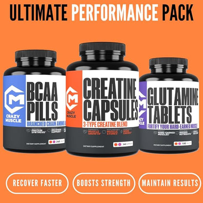 Crazy Muscle Creatine Capsules, 5g of Premium 3X ThreeAtine Pre Workout Bulk Mass Gainer, High Absorption Easy to Take Creatine Monohydrate, Optimum Performance for Men Women, 360 Capsules